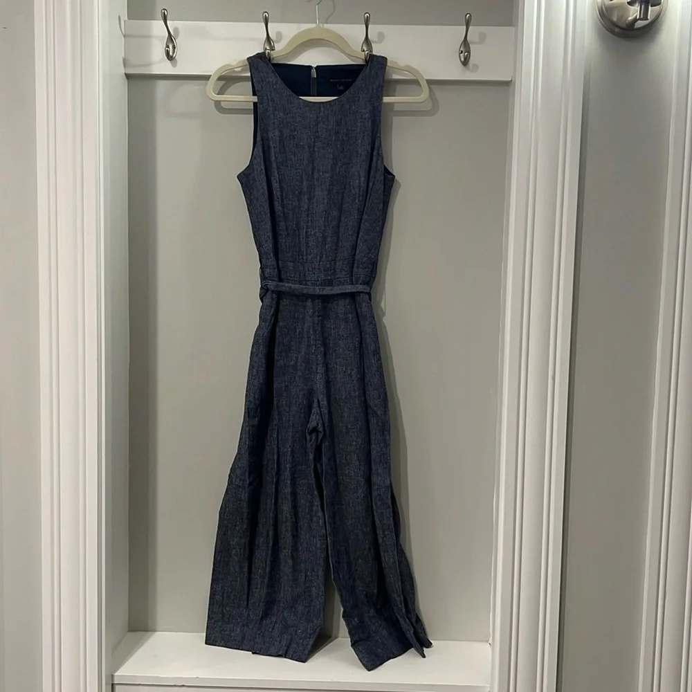 Banana Republic Chambray Blue Linen Blend Tie Waist Jumpsuit